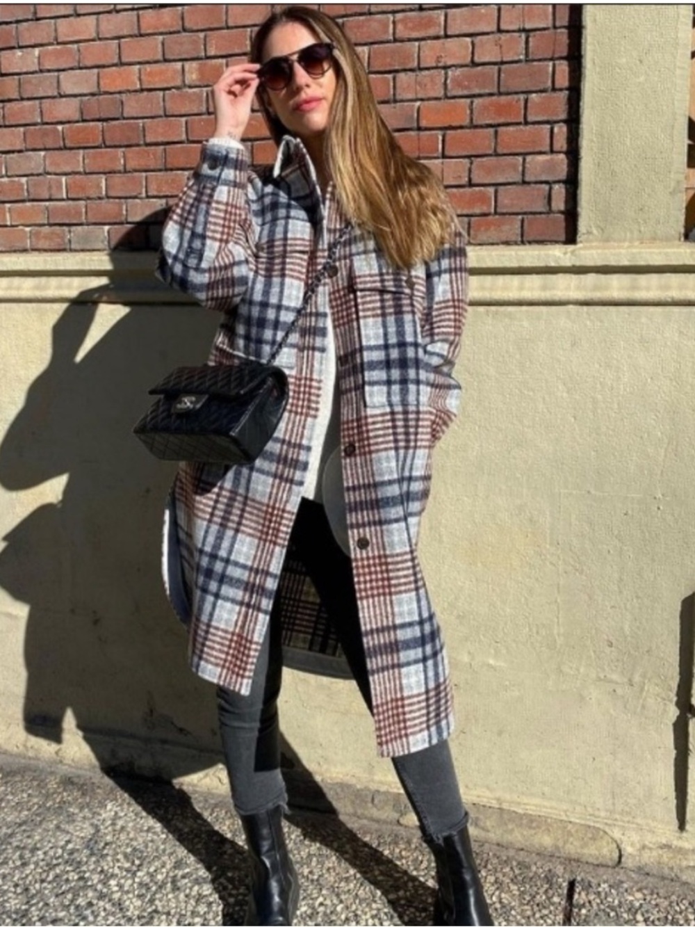 Zara Women's Plaid Long Shacket Jacket - Rust, Navy & Cream